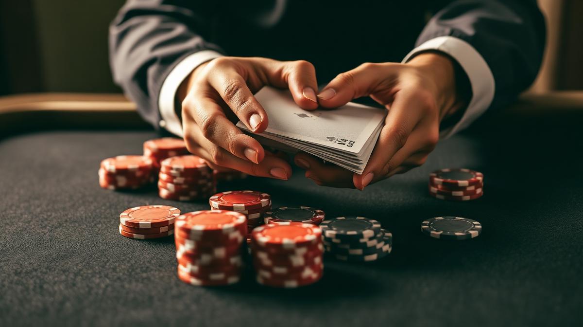 Hands shuffling a deck above a dark felt with chip stacks