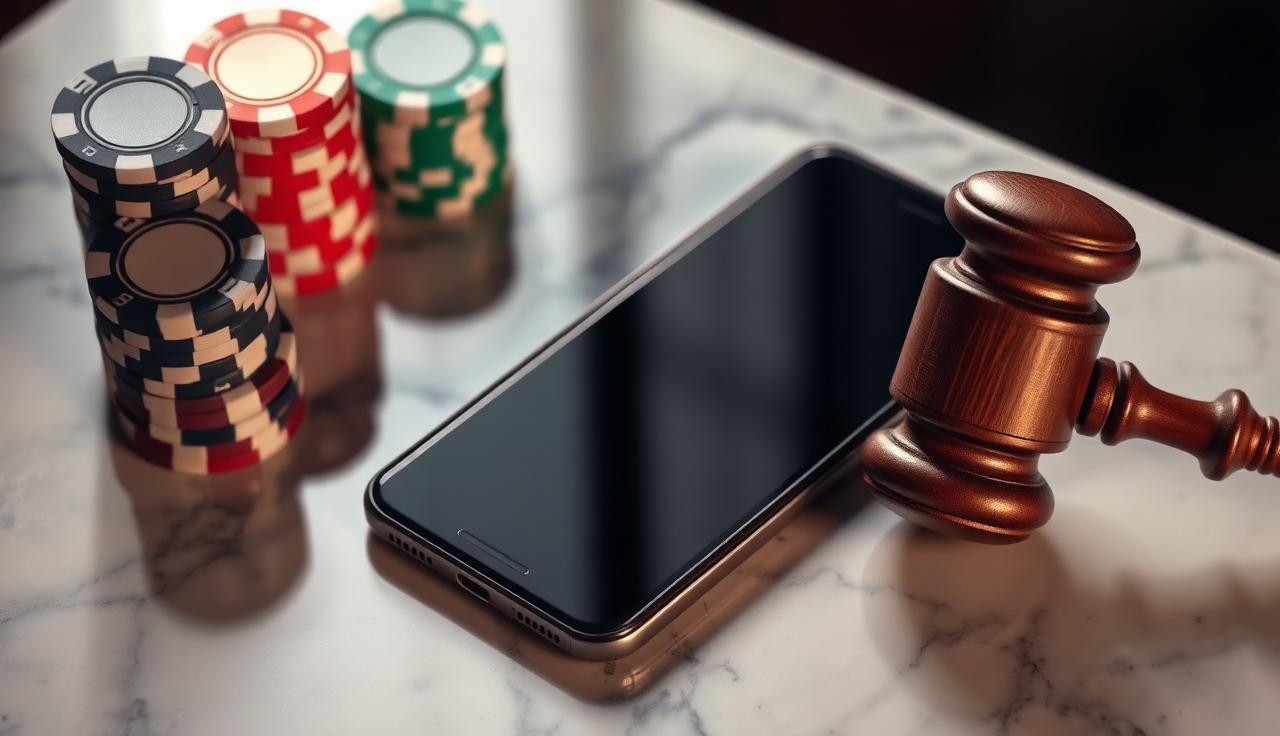 Smartphone, gavel and chips on a marble surface
