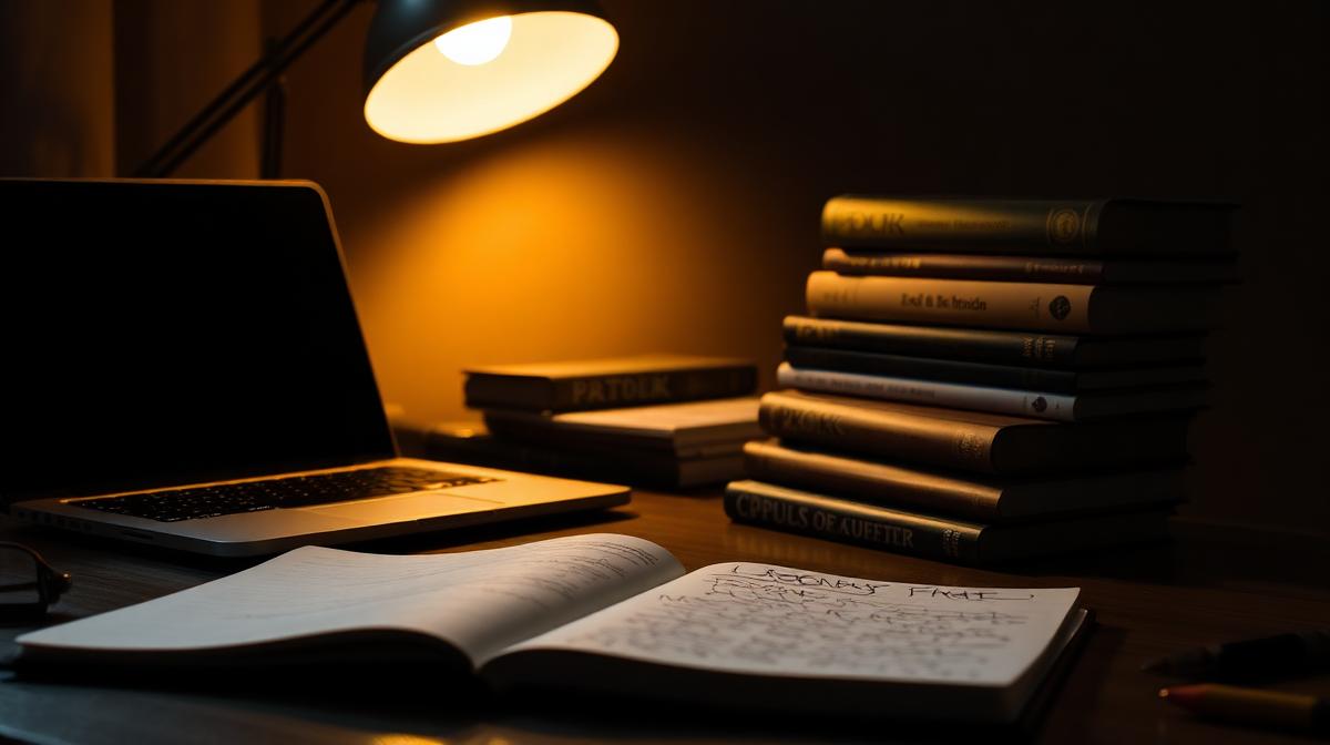 A dim study desk with a laptop, poker books and handwritten notes