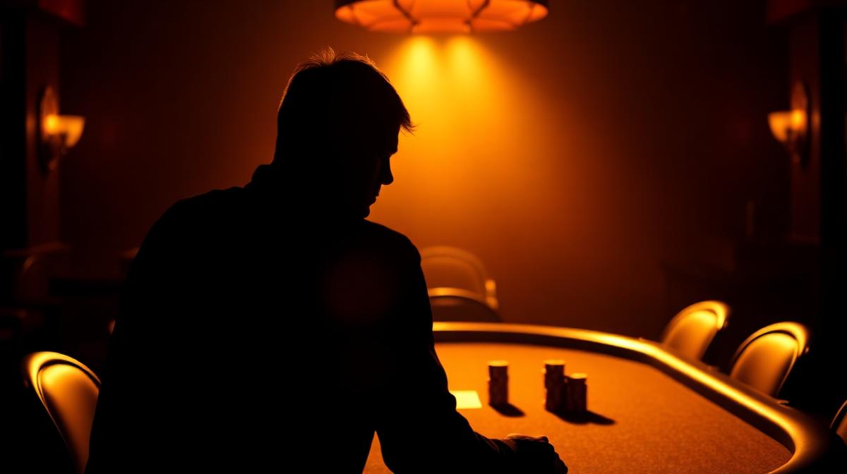 Silhouette of a single player at a dim poker table